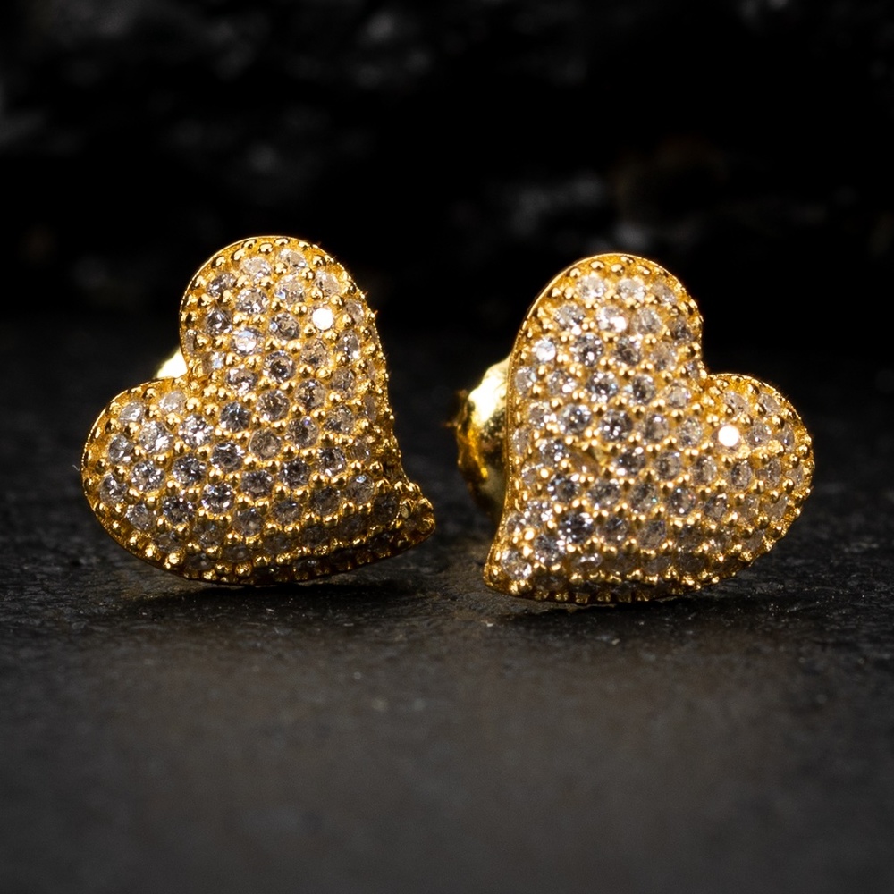 Women’ Yellow Gold 925 Sterling Silver 3D Honey Comb Set Heart Stud Earrings
